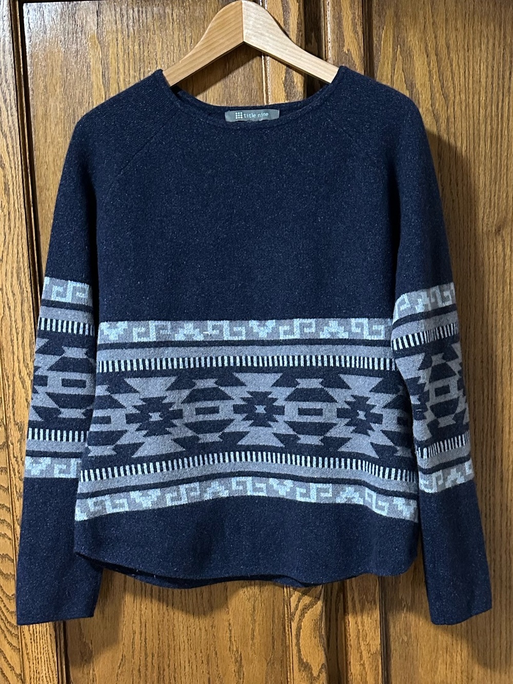 Title Nine Crewneck Sweater Wool Silk Blend Aztec Southwest Blue Sz M